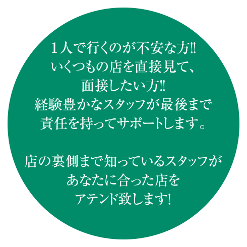 １人で行くのが不安な方！！いくつもの店を直接見て、面接したい方！！経験豊かなスタッフが最後まで責任を持ってサポートします。店の裏側まで知っているスタッフがあなたに合った店をアテンド致します！